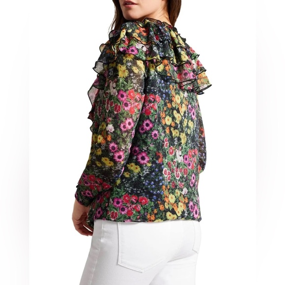 NWT! $195 Ted Baker London Floral Ruffle Blouse Black Floral MulticolorSize S - Picture 3 of 9